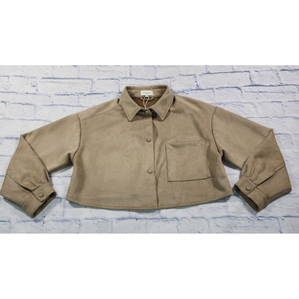 Naf Naf Paris WOMENS SIZE S Beige Long Sleeve Cropped Faux Suede Biker Jacket